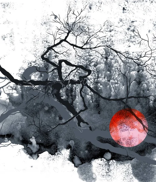 Surrealistyczna drzew z czerwone słońce — Zdjęcie stockowe