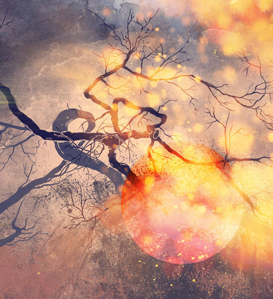 Abstract surrealistic trees with red sun, stylization for Japanese graphics