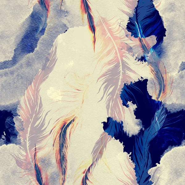 Abstract Aquarel Digitale Hand Getekende Naadloze Patroon Met Opdrukken Veren — Stockfoto