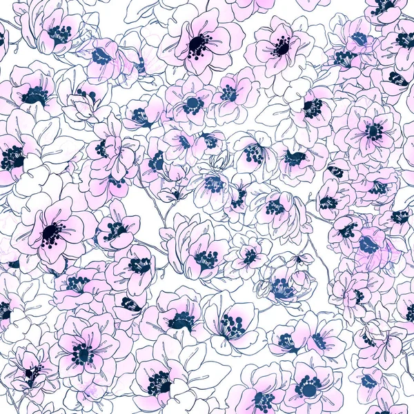 abstract watercolor and digital hand drawn mix seamless pattern of imprints delicate cherry blossoms