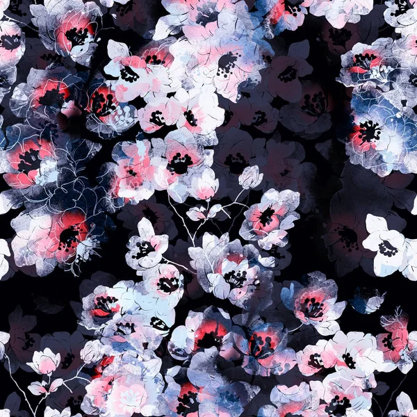 Abstraktes Aquarell Und Digitale Handzeichnung Mischen Nahtlose Abdruckmuster Zarter Kirschblüten — Stockfoto
