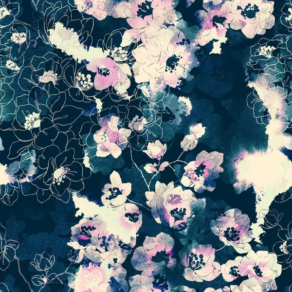抽象的な水彩画とデジタル手出版社繊細な桜の花の描かれたミックス シームレス パターン — ストック写真