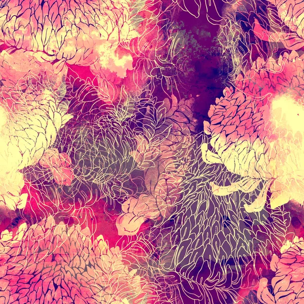 abstract watercolor and digital hand drawn mix seamless pattern with imprints of chrysanthemum