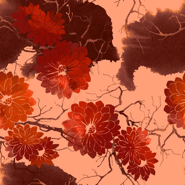 Akvarel Digitální Ručně Tažené Bezešvé Vzor Potiskem Abstraktní Květy Suché — Stock fotografie