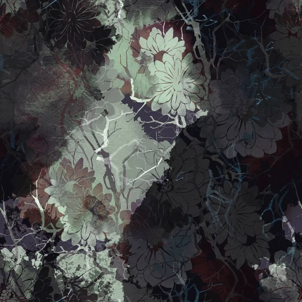 Akvarel Digitální Ručně Tažené Bezešvé Vzor Potiskem Abstraktní Květy Suché — Stock fotografie