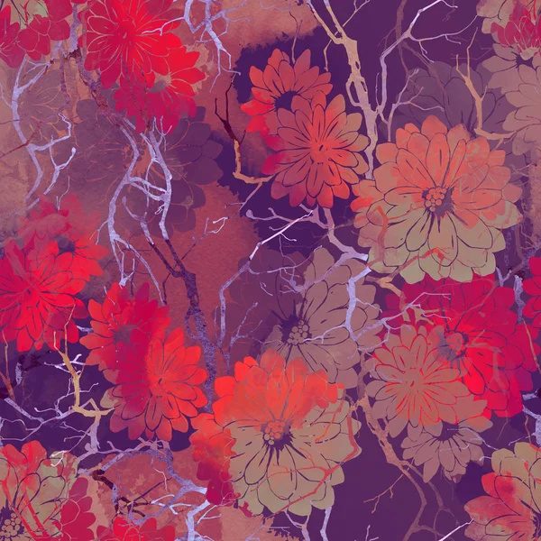 수채화와 디지털 인쇄물 꽃으로 그려진된 패턴을 손으로 나뭇가지를 — 스톡 사진