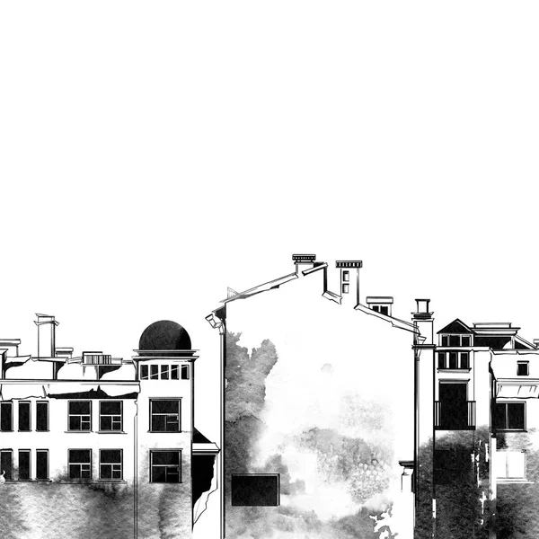 Анотація Акварель Цифровий Ручний Гужовий Безшовні Кордону Старих Будинків Санкт — стокове фото