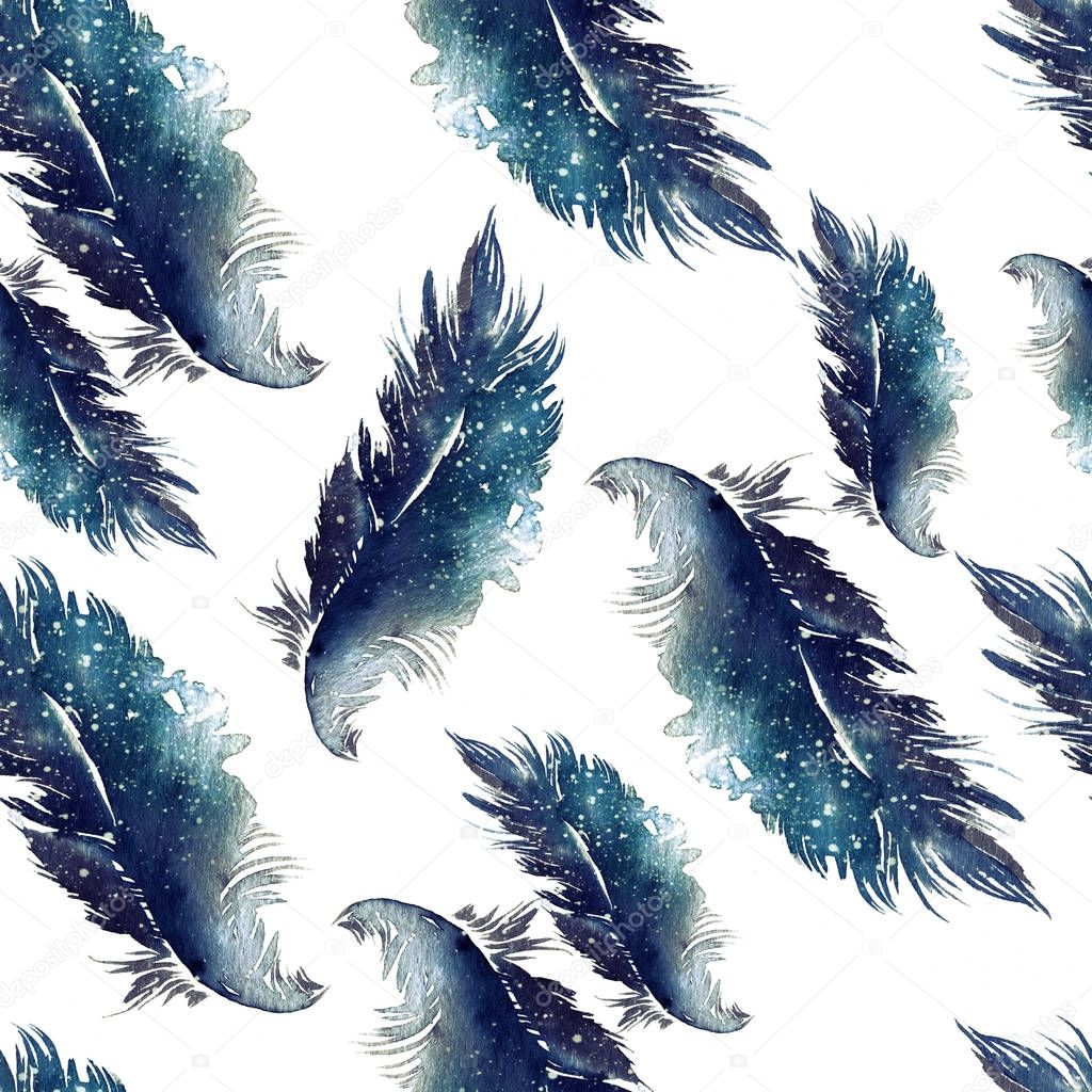 Boho-chic magic mix seamless pattern for greeting card with beautiful feathers 