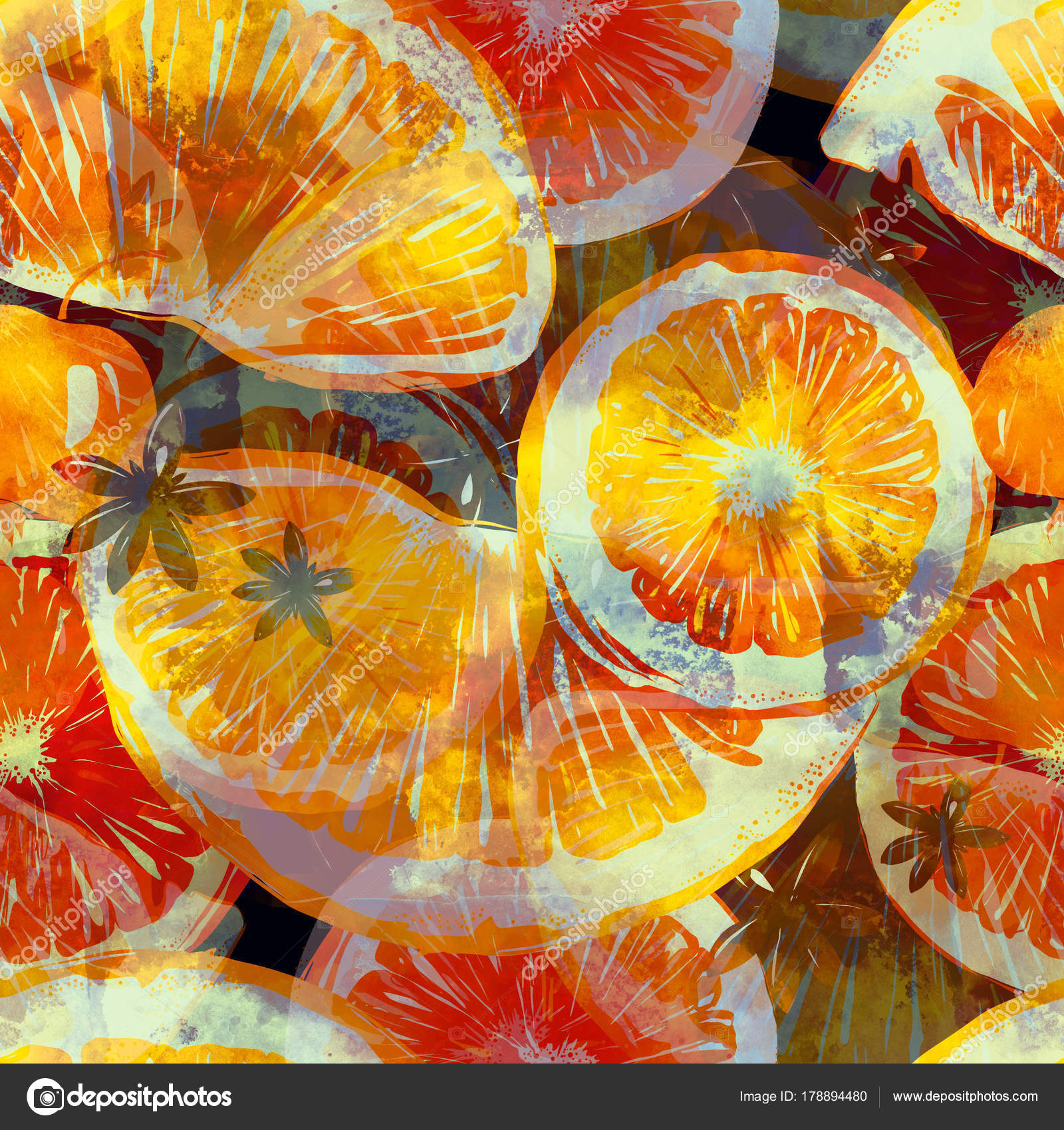 Patrón de rebanadas de naranjas con hojas en el mercado ...