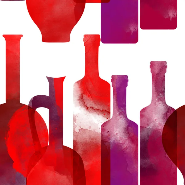 watercolour and digital hand drawn mix seamless pattern with imprints of wine bottles