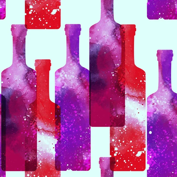 水彩和数字手绘混合无缝模式与葡萄酒瓶的印记 — 图库照片