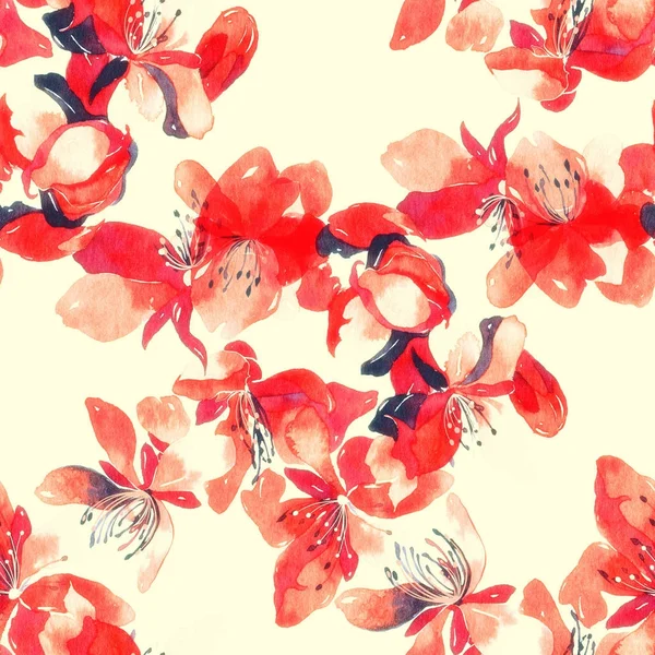 水彩和数码手绘无缝图案与印记精致的樱桃花 — 图库照片