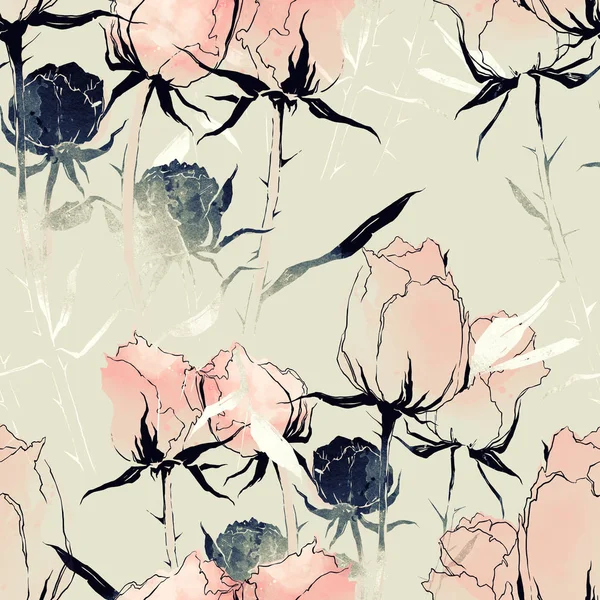 Imprints Fading Flowers Mix Repeat Seamless Pattern Watercolor Digital Hand — Stock Photo, Image