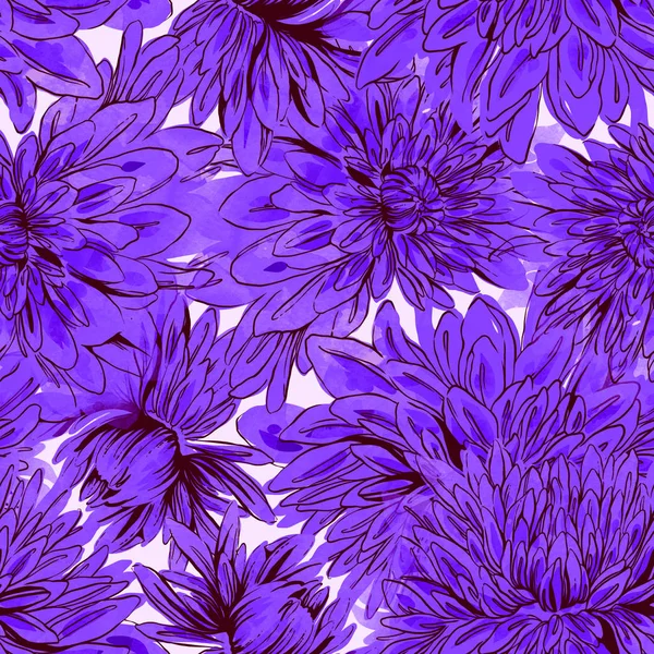 Imprints Lines Japanese Chrysanthemums Mix Repeat Seamless Pattern Watercolour Digital — Stock Photo, Image