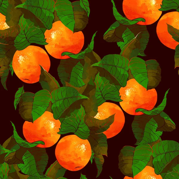 Gyümölcsök Levelek Tangerine Tree Ismételje Meg Varrat Nélküli Mintát Akvarell — Stock Fotó
