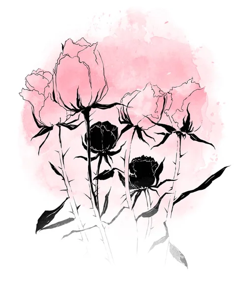 Trädgård Vissnande Blommor Akvarell Och Digital Handen Ritade Bilden Blandteknik — Stockfoto