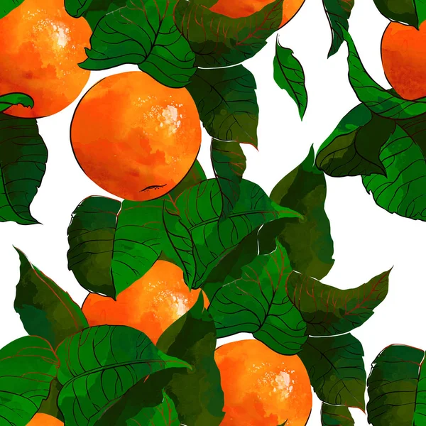 Frugter Blade Mandarin Træ Gentage Sømløse Mønster Akvarel Digital Håndtegnet - Stock-foto
