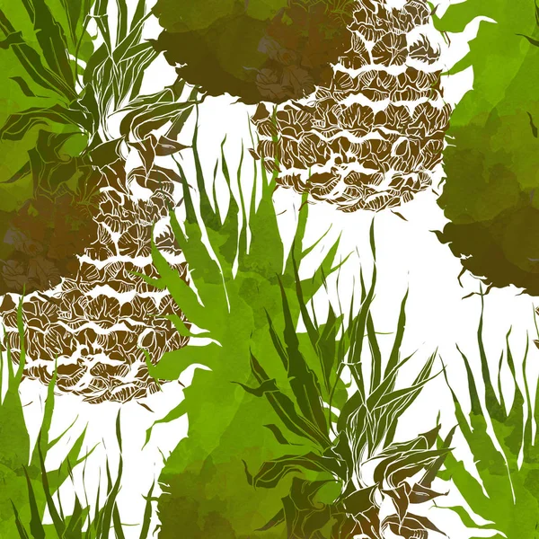 Abacaxi Com Folhas Repetir Padrão Sem Costura Aquarela Imagem Digital — Fotografia de Stock