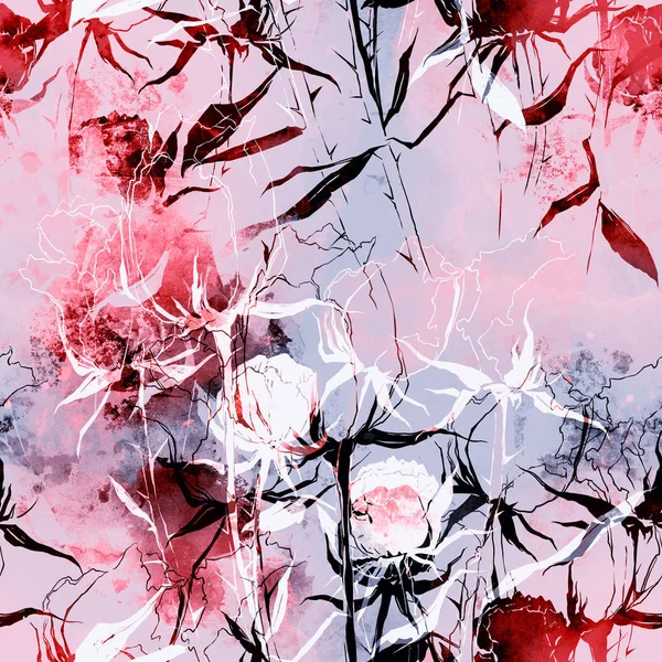 Abdrücke Verblassende Blumen Mischen Sich Mit Wiederholten Nahtlosen Mustern Aquarell — Stockfoto