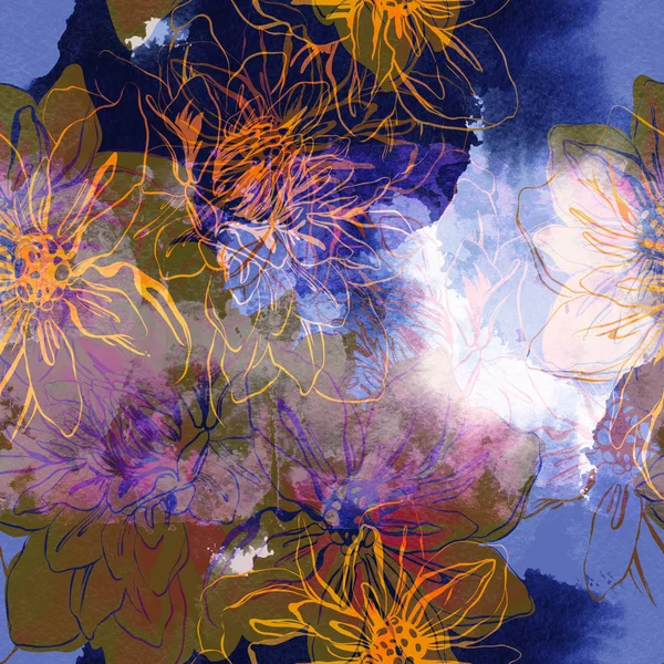 Lenyomatok Absztrakt Virágok Ismételt Varrat Nélküli Mintát Keverjük Össze Akvarell — Stock Fotó