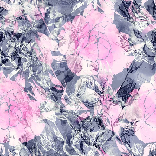 Imprints Roses Mix Repeat Seamless Pattern Watercolor Digital Hand Drawn — Stock Photo, Image