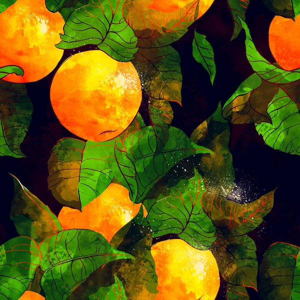 Frutas Folhas Tangerina Repetem Padrão Sem Costura Aquarela Imagem Digital — Fotografia de Stock