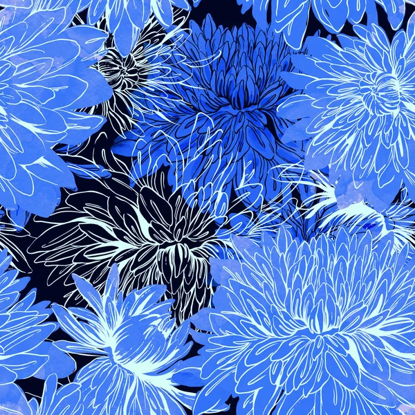 Opdrukken Lijnen Japanse Chrysanten Mix Herhaal Naadloze Patroon Aquarel Digitale — Stockfoto