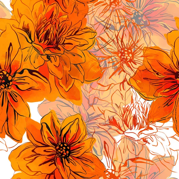 Odciski Streszczenie Kwiaty Mix Powtórzyć Wzór Akwarela Cyfrowych Ręcznie Rysowane — Zdjęcie stockowe