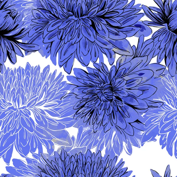 Imprints Lines Japanese Chrysanthemums Mix Repeat Seamless Pattern Watercolour Digital — Free Stock Photo