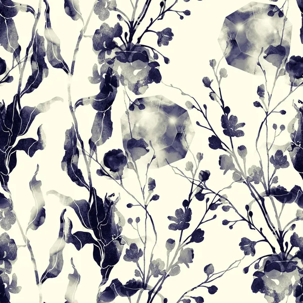 Магія Природи Відбитки Абстрактних Квітів Листя Змішують Безшовний Візерунок Акварельна — стокове фото