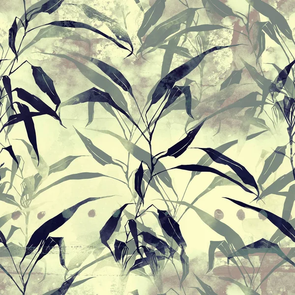 Отпечаток Ветви Молодого Бамбука Бесшовного Рисунка Абстрактное Акварельное Цифровое Изображение — стоковое фото