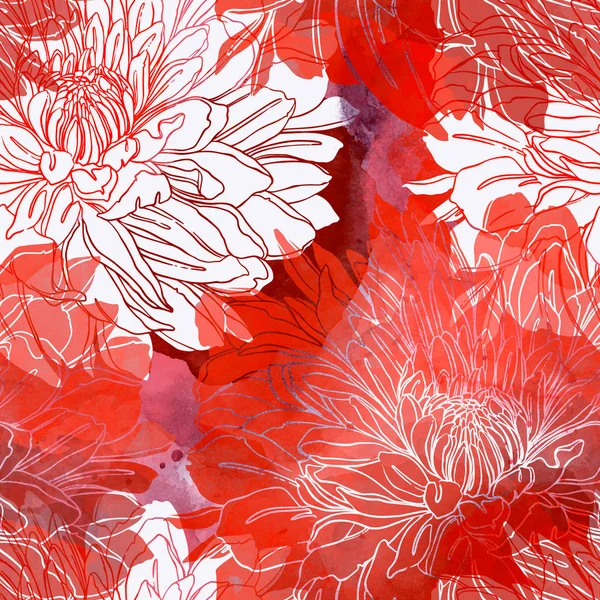 印记日本菊花混合重复无缝图案 水彩和数字手画的图片 混合媒体 — 图库照片