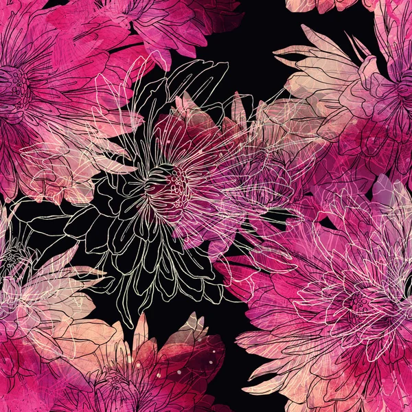 印记日本菊花混合重复无缝图案 水彩和数字手画的图片 混合媒体 — 图库照片