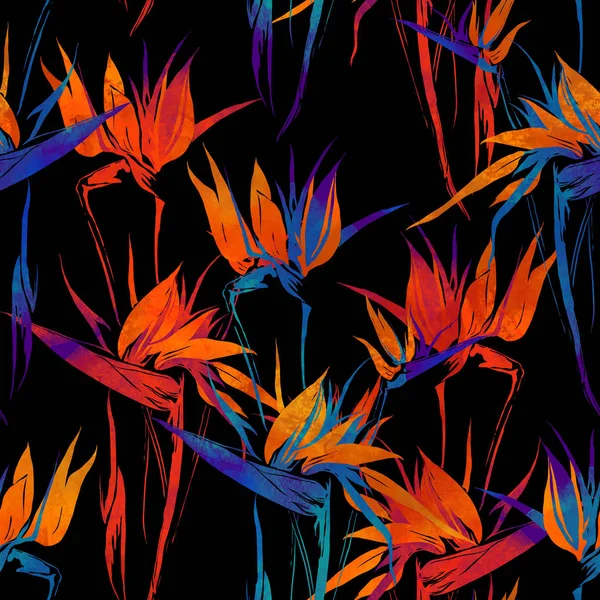 Imprints Strelitzia Flowers Mix Repeat Seamless Pattern Watercolor Digital Hand — Stock Photo, Image