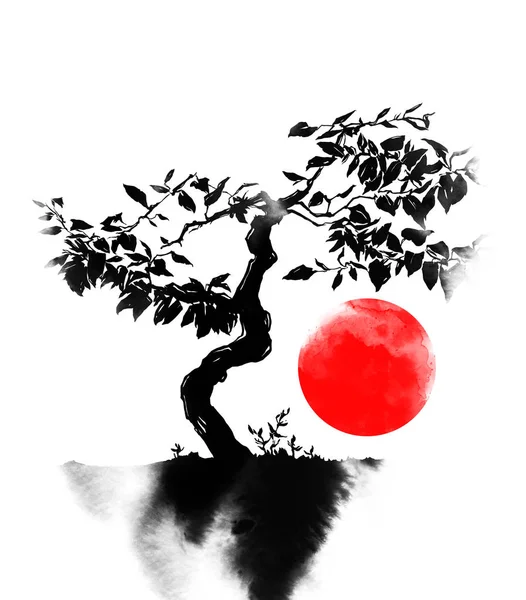 日本盆景树 数字绘图与水彩纹理 — 图库照片