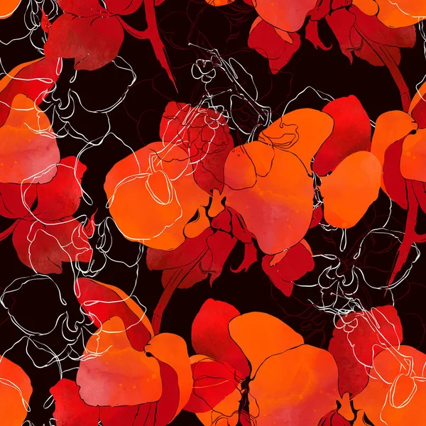 Відбитки Орхідей Змішують Повторюваний Безшовний Візерунок Акварельне Цифрове Малюнок Рук — стокове фото