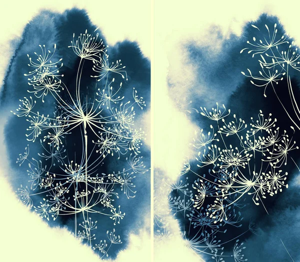Akvarel Digitální Skica Abstraktní Větve Okoličnaté Květiny — Stock fotografie