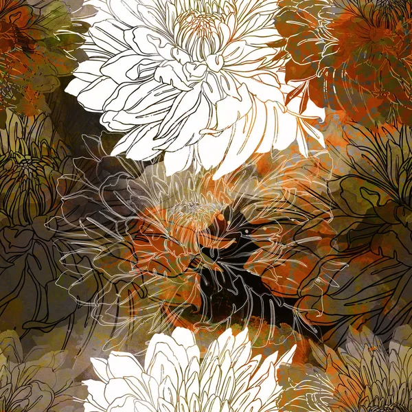 Импринты Японских Хризантем Смешивают Повторяющийся Бесшовный Рисунок Акварелью Цифровым Ручным — стоковое фото