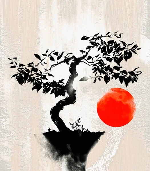 Japanese bonsai tree. Digital drawing and watercolor texture.
