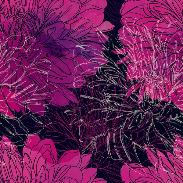 Imprints Japanese Chrysanthemums Mix Repeat Seamless Pattern Watercolor Digital Hand — Stock Photo, Image