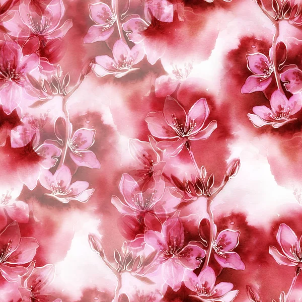 Sakura Mix Fiori Ripetere Modello Senza Soluzione Continuità Acquerello Disegno — Foto Stock