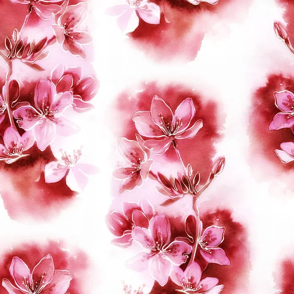 Sakura Flor Mezclar Repetir Patrón Sin Costura Acuarela Imagen Digital — Foto de Stock