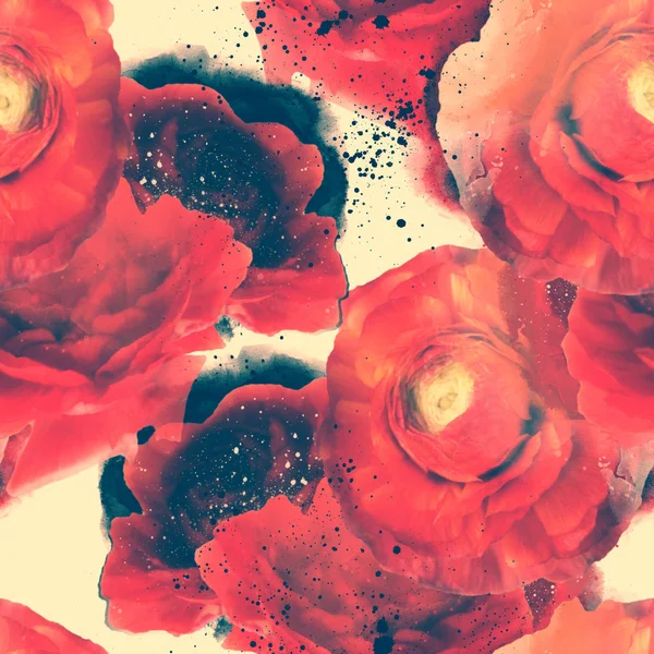 Photo et aquarelle printemps motif sans couture avec des fleurs ranun — Photo