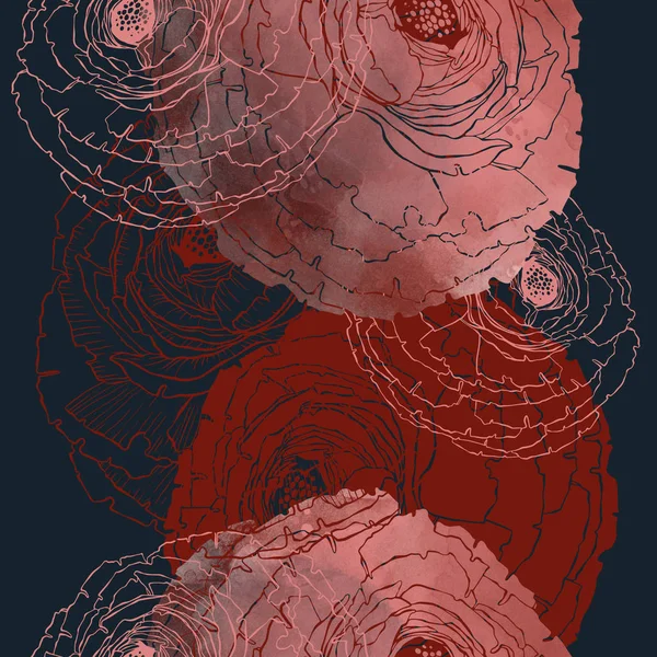 Imprints Ranunculus Mix Repeat Seamless Pattern Watercolour Digital Hand Drawn — Stock Photo, Image