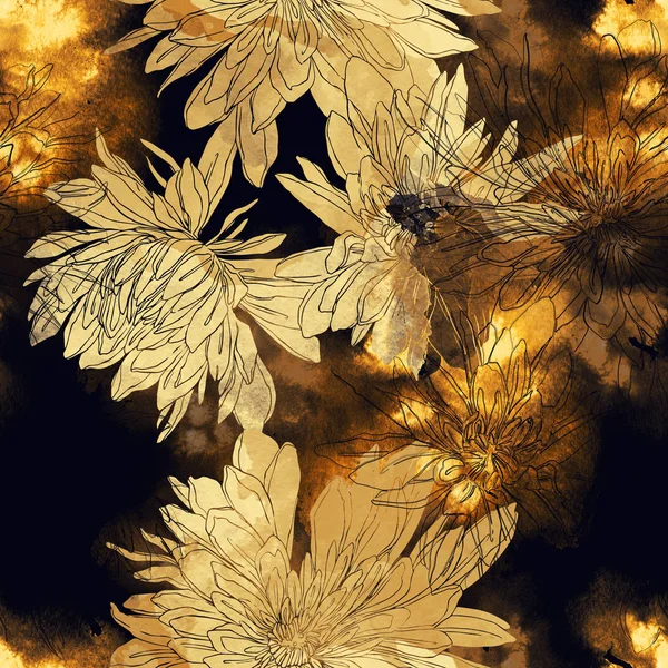 出版社日本菊のミックスは シームレスなパターンを繰り返します 水彩やデジタル手描き下ろし画像 ミクスト メディア作品 繊維装飾とデザインの背景 — ストック写真