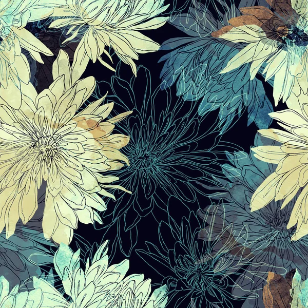 Imprints Japanese Chrysanthemums Mix Repeat Seamless Pattern Watercolor Digital Hand — Free Stock Photo