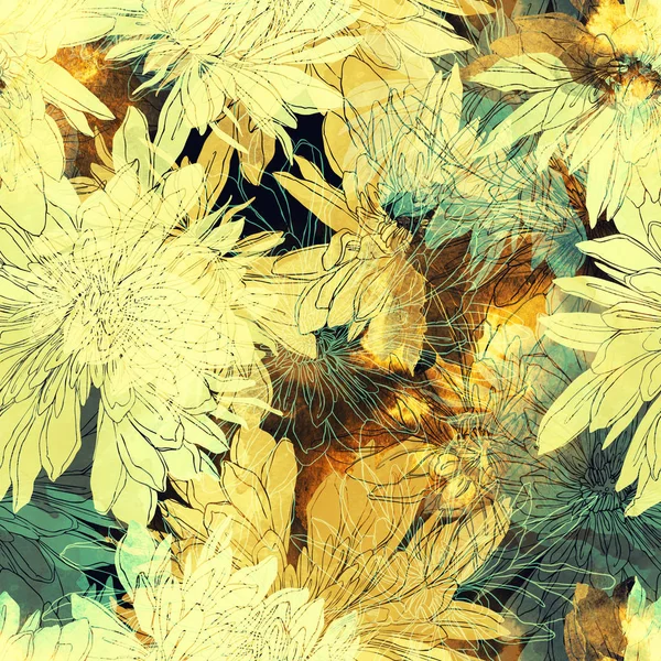 Impronte Crisantemi Giapponesi Mescolano Modello Senza Cuciture Ripetizione Acquerello Disegno — Foto Stock