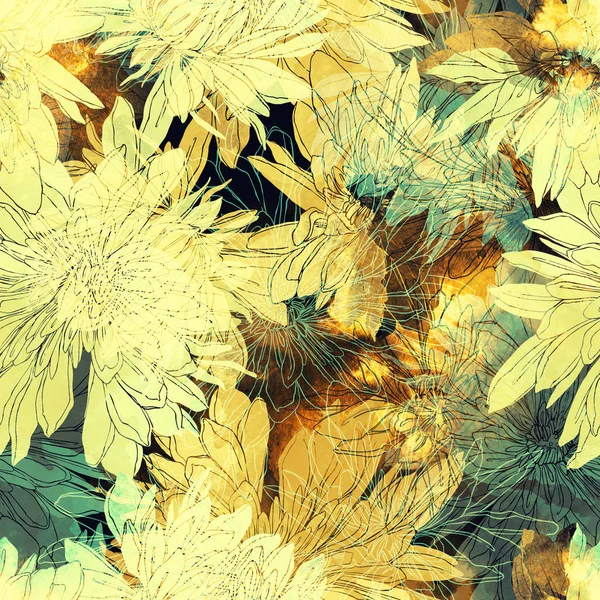 Imprints Japanese Chrysanthemums Mix Repeat Seamless Pattern Watercolor Digital Hand — Stock Photo, Image