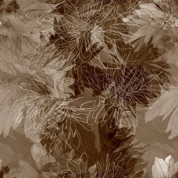 Otisky Japonské Chryzantémy Mix Bezešvé Vzor Opakujeme Akvarel Digitální Ručně — Stock fotografie