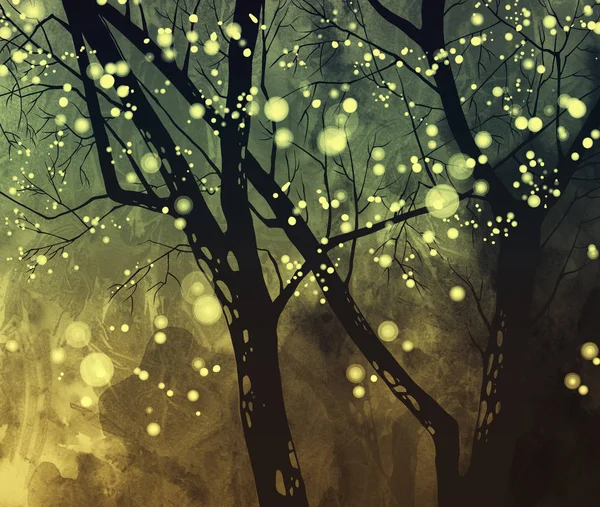 Fairy Trees. Digital drawing and watercolor texture.